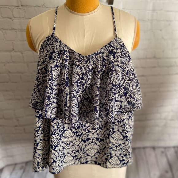 Tops - Plus size 2X blue print top blouse ruffles.